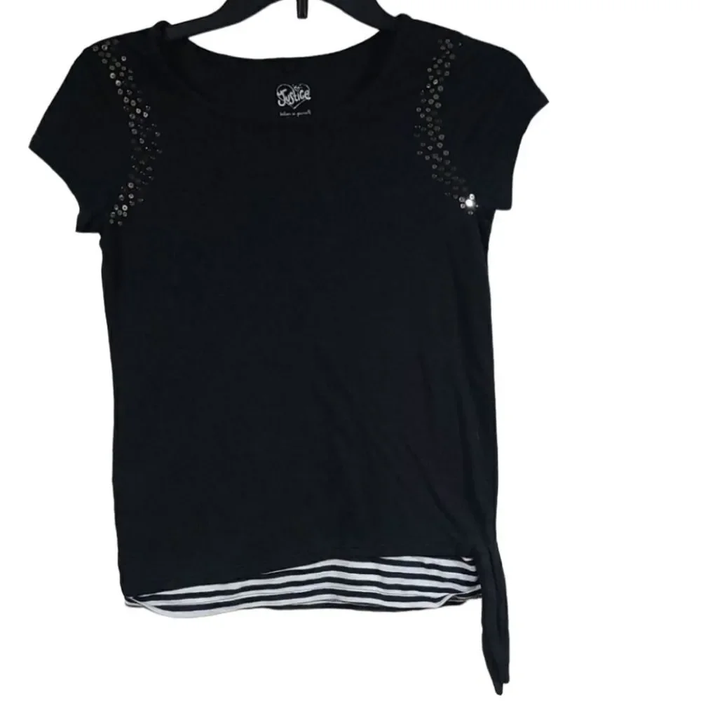 Justice Black Sequin Knit Top Stripe Hem Side Knot Tee Girls Size 10 Trendy Soft